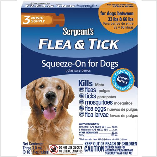 Sergeants Flea & Tick For dogs Weighing Between 33 &66 LBS Orange ( 1 dose)
