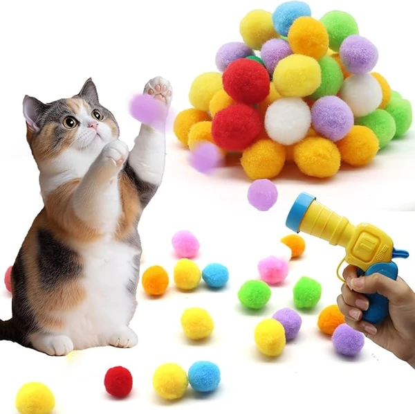 Interactive Cat Ball Launcher Toy Plastic Gun with 20 Pcs Colorful Soft Balls – Fun Exercise & Play for Cats and Kittens