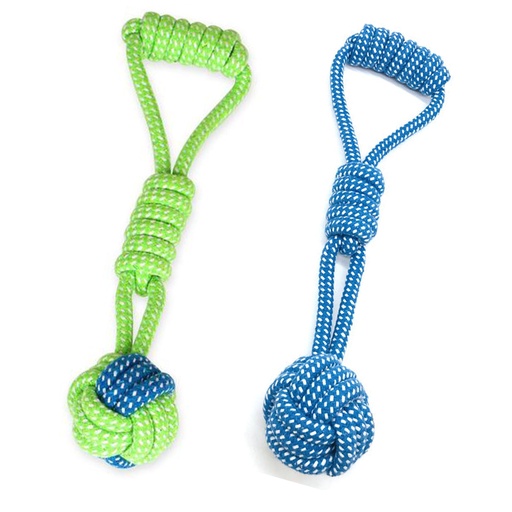 [1091] MF Knotted Ball with Hand Rope Dog Toy 27cm Multi-Color